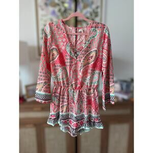 Red Camel Pink and Teal Paisley 3/4 Sleeve Romper Size Medium
